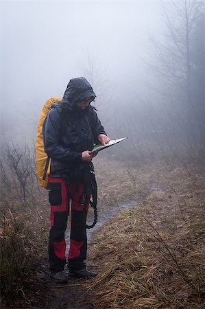 Young woman reading a map in the misty evening Stockbilder - Microstock & Abonnement, Bildnummer: 400-06792181