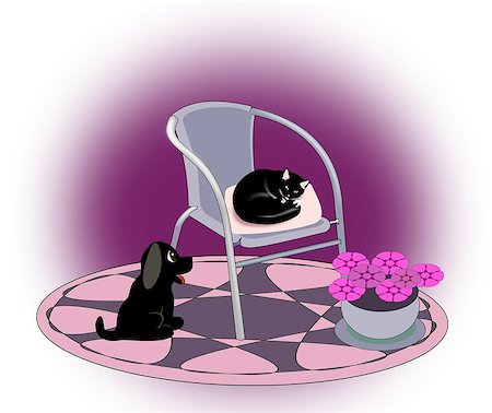 simsearch:400-06127601,k - A cat is resting on a     chair while a small     puppy are sitting and     looking at it. Photographie de stock - Aubaine LD & Abonnement, Code: 400-06792240