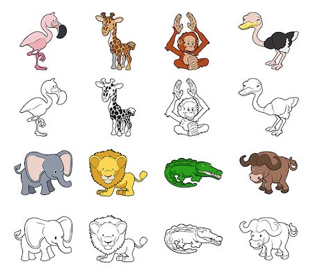 A set of cartoon safari animal illustrations. Color and black an white outline versions. Stock Photo - Budget Royalty-Free & Subscription, Code: 400-06793251