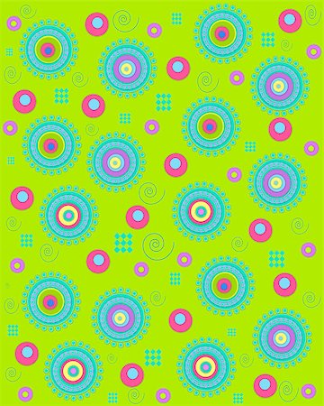 Vibrant neon green background is covered by large circles with smaller circles surrounding shape.  Other circles, curls and checkerboards fill space between.  Colors are green, turquoise, pink and lilac. Foto de stock - Royalty-Free Super Valor e Assinatura, Número: 400-06793714
