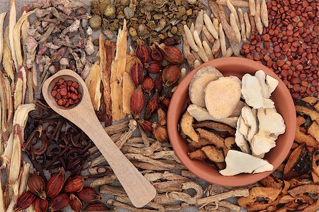 Traditional chinese herbal medicine ingredients over hessian background. Stock Photo - Budget Royalty-Free & Subscription, Code: 400-06793991