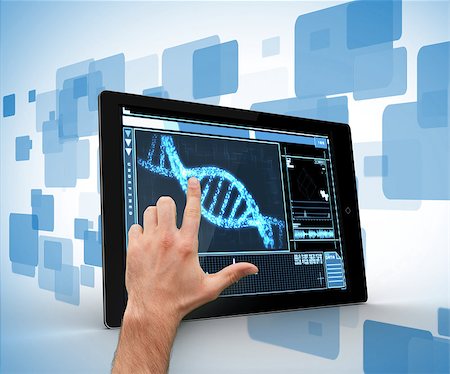 Man touching tablet pc with DNA interface on blue and white background Stock Photo - Budget Royalty-Free & Subscription, Code: 400-06801142