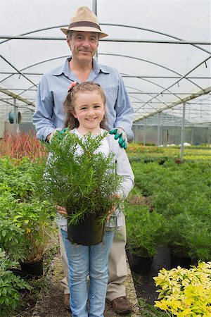 Little girl holding potted plant with grandfather in the greenhouse Stock Photo - Budget Royalty-Free & Subscription, Code: 400-06803380