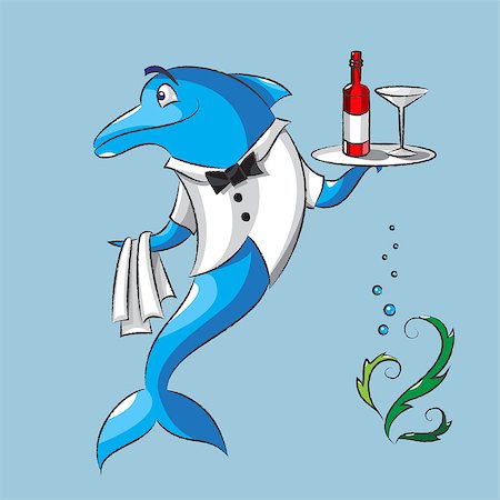 The amusing dolphin is the waiter keeps in one fin a napkin, and in other fin a tray with a bottle of wine and a wine glass Stock Photo - Budget Royalty-Free & Subscription, Code: 400-06848546