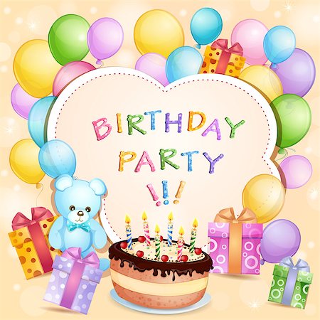 Birthday card with birthday cake, balloons and gifts Stock Photo - Budget Royalty-Free & Subscription, Code: 400-06848702