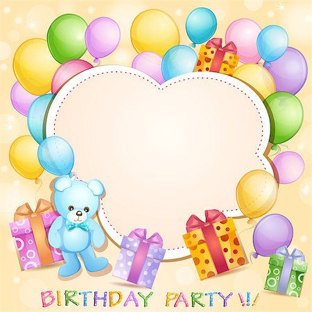 Birthday card with  balloons, gifts and teddy bear Stock Photo - Budget Royalty-Free & Subscription, Code: 400-06848703