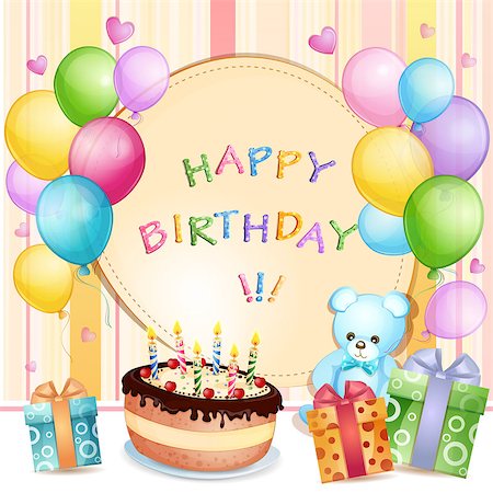 Birthday card with birthday cake, balloons and gifts Stock Photo - Budget Royalty-Free & Subscription, Code: 400-06848855