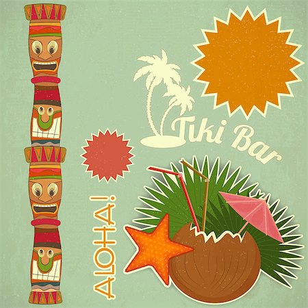design element party - Vintage Hawaiian Tiki postcard - invitation to Tiki Bar with place for text - vector illustration Stock Photo - Budget Royalty-Free & Subscription, Code: 400-06849048