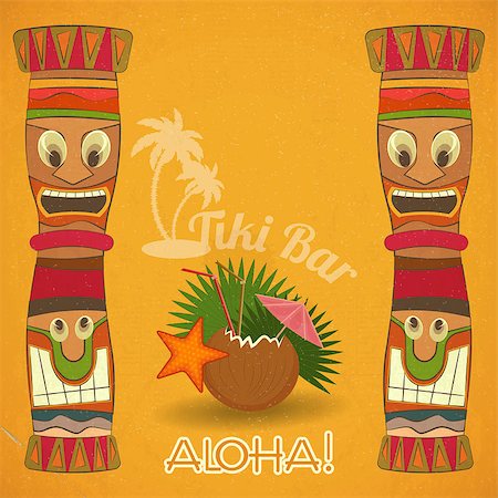 summer beach postcard - Vintage Hawaiian Tiki bar - cocktail and Tiki totem - vector illustration. Stock Photo - Budget Royalty-Free & Subscription, Code: 400-06849049