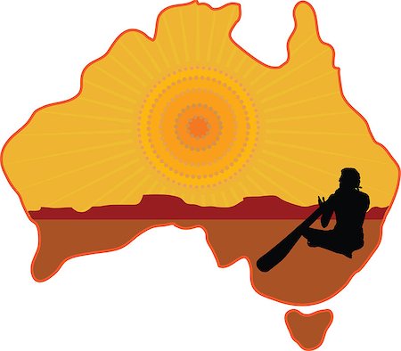 A stylized map of Australia with a silhouette of an aboriginal playing a didgeridoo Stock Photo - Budget Royalty-Free & Subscription, Code: 400-06849515