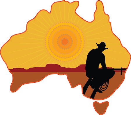 A stylized map of Australia with a silhouette of a rancher or cowboy sitting on a fence looking at the sunset Stock Photo - Budget Royalty-Free & Subscription, Code: 400-06849516