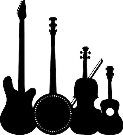 A group of silhouetted stringed instruments including an electric guitar, a banjo, a violin and a ukulele Stock Photo - Budget Royalty-Free & Subscription, Code: 400-06849522