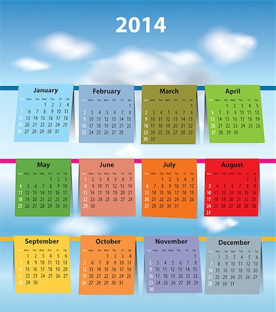 Calendar for 2014 like laundry on the clothesline. Sundays first. Vector illustration Photographie de stock - Aubaine LD & Abonnement, Code: 400-06849713