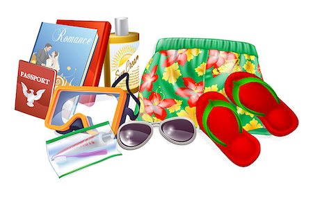 Holiday essentials illustrations. Important thing to pack for a summer holiday, vacation or trip. Includes sun cream, sunglasses, reading material, toiletries, sandals and passport Photographie de stock - Aubaine LD & Abonnement, Code: 400-06854296