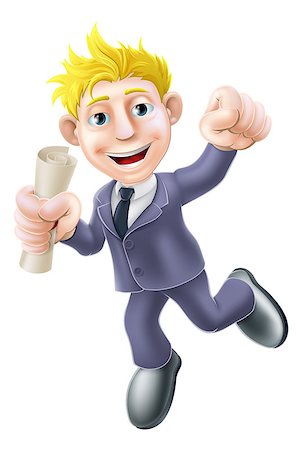 people graduation jump - A happy man in business suit with certificate, qualification or other scroll jumping for with fist clenched. Education concept  career development , learning, training or passing a professional examination. Stock Photo - Budget Royalty-Free & Subscription, Code: 400-06854297