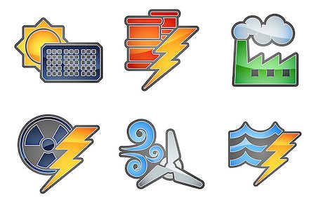 A set of color icons with relating to power and energy generation. Solar, fossil fuel, nuclear, wind, hydro or water and oil Stock Photo - Budget Royalty-Free & Subscription, Code: 400-06854293