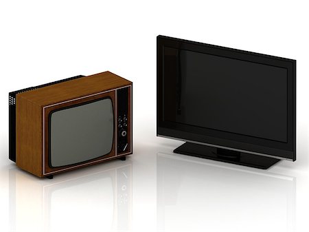 Old TV in a wooden case and a new LSD TV set on a white background Stock Photo - Budget Royalty-Free & Subscription, Code: 400-06855551