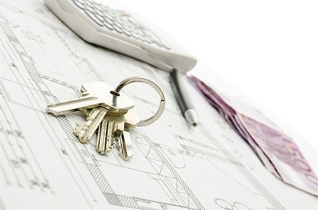 simsearch:400-06855814,k - New house keys on blueprint. With calculator, pen and Euro money in background. Foto de stock - Royalty-Free Super Valor e Assinatura, Número: 400-06855788