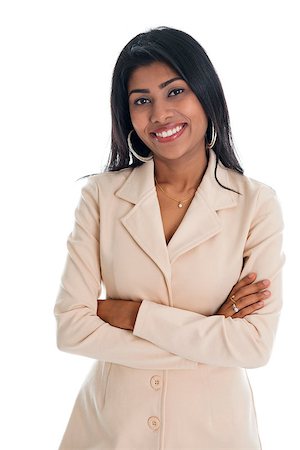 Attractive Indian businesswoman hands folded in business suit smiling happy. Portrait of beautiful Asian female model standing isolated on white background. Stock Photo - Budget Royalty-Free & Subscription, Code: 400-06856136