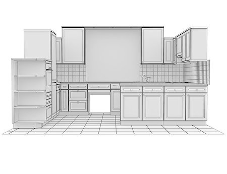 simsearch:400-04709640,k - Kitchen rendered by lines. Isolated render on a white background Stock Photo - Budget Royalty-Free & Subscription, Code: 400-06856865