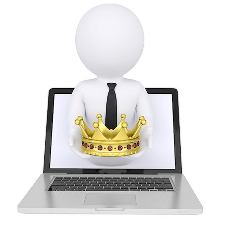 simsearch:400-06797580,k - 3d white man out of the computer holds a golden crown. Isolated render on a white background Stock Photo - Budget Royalty-Free & Subscription, Code: 400-06856860