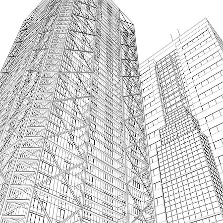 Skyscraper rendering in lines. Isolated render on a white background Stock Photo - Budget Royalty-Free & Subscription, Code: 400-06856898