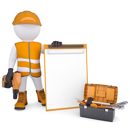 3d white man in overalls with checklists and tools. Isolated render on a white background Stock Photo - Budget Royalty-Free & Subscription, Code: 400-06856923