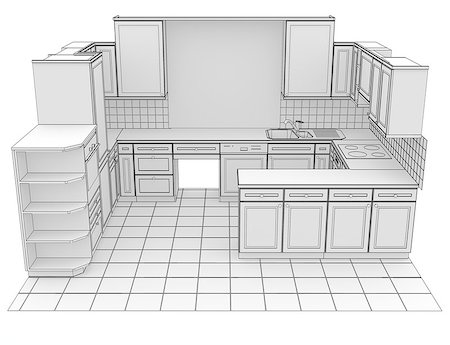 simsearch:400-04228204,k - Kitchen rendered by lines. Isolated render on a white background Foto de stock - Super Valor sin royalties y Suscripción, Código: 400-06856956