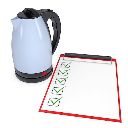 pouring water in tea pot - Electric kettle and checklist. Isolated render on a white background Stock Photo - Budget Royalty-Free & Subscription, Code: 400-06856968