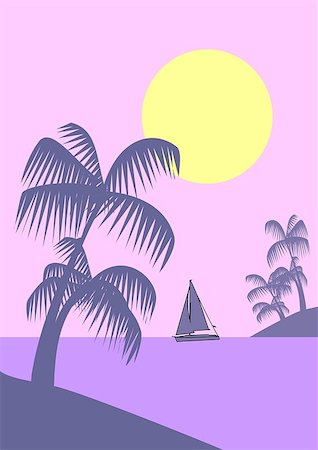 seascape drawing - View from a beach     with palm trees over     the sea where there     are sailing a boat. Stock Photo - Budget Royalty-Free & Subscription, Code: 400-06857254