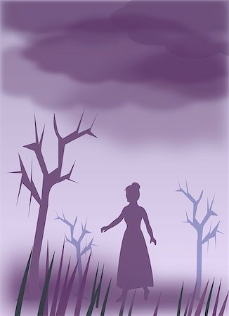 A female character     walking under a dark     cloudy sky between     some bare trees. Foto de stock - Super Valor sin royalties y Suscripción, Código: 400-06857255