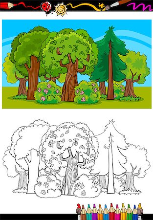 simsearch:400-08379558,k - Coloring Book or Page Cartoon Illustration of Trees and Bushes in the Forest for Children Education Fotografie stock - Microstock e Abbonamento, Codice: 400-06857820