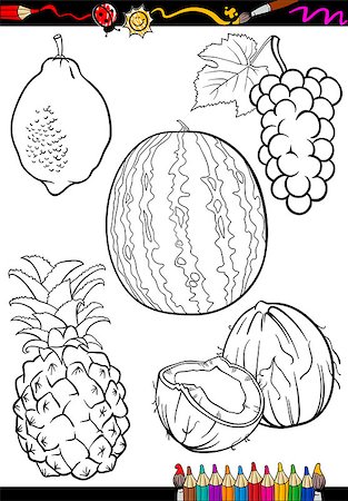 pineapple coconut - Coloring Book or Page Cartoon Illustration of Five Black and White Fruits Food Objects Set Stock Photo - Budget Royalty-Free & Subscription, Code: 400-06857822