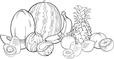 pineapple coconut - Black and White Cartoon Illustration of Tropical Fruits Food Design for Coloring Book Stock Photo - Budget Royalty-Free & Subscription, Code: 400-06857836