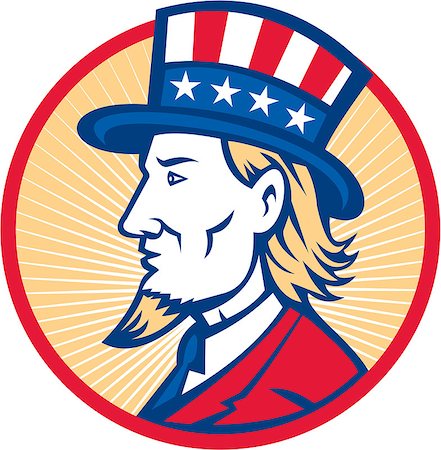Illustration of Uncle Sam wearing hat with stars and stripes American flag viewed from side set inside circle. Stock Photo - Budget Royalty-Free & Subscription, Code: 400-06857988