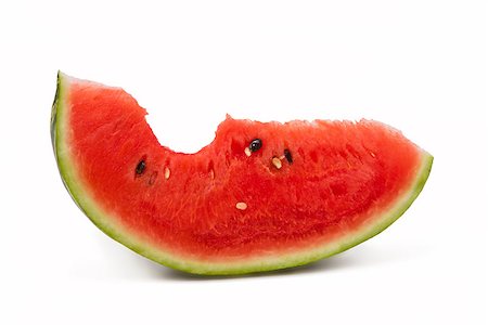 simsearch:400-05886533,k - Bitten juicy watermelon portion isolated on white background, red fruit Photographie de stock - Aubaine LD & Abonnement, Code: 400-06858057