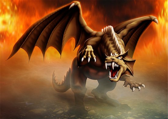 terrible dragon has large claws and fangs ready to attack and goes by the fire Foto de stock - Sin royalties, Artista: patsm, Código de la imagen: 400-06858268