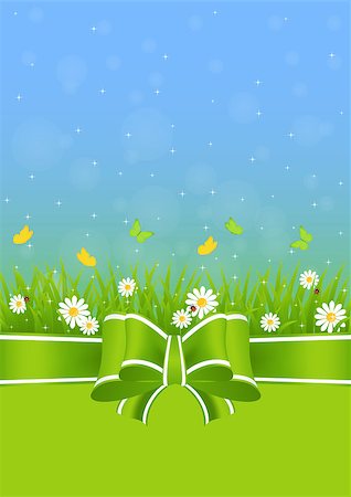 red ribbon and plant - spring background with green grass, butterflies and ladybugs Foto de stock - Super Valor sin royalties y Suscripción, Código: 400-06858579