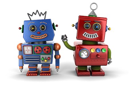 simsearch:400-07301158,k - Two happy vintage toy robot buddies over white background Fotografie stock - Microstock e Abbonamento, Codice: 400-06859490