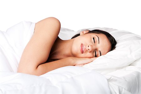 simsearch:400-04316737,k - Woman happily beauty sleeping in white bed and dreaming, isolated. Stock Photo - Budget Royalty-Free & Subscription, Code: 400-06859607