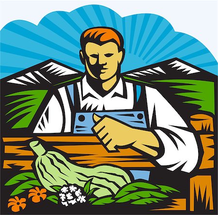 simsearch:400-07422645,k - Illustration of organic farmer with crop produce harvest of vegetables facing front on fence with farm field and mountains in background done in retro woodcut style Photographie de stock - Aubaine LD & Abonnement, Code: 400-06850042