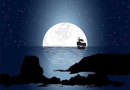 seascape drawing - Half big moon over the ocean along with a small sailboat. Stock Photo - Budget Royalty-Free & Subscription, Code: 400-06850944