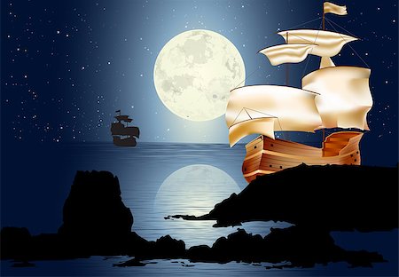 seascape drawing - A Sailboat In The Moonlight. Seascape with rocks and full moon with stars. Stock Photo - Budget Royalty-Free & Subscription, Code: 400-06850945