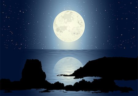 seascape drawing - Seascape with rocks and full moon with stars Stock Photo - Budget Royalty-Free & Subscription, Code: 400-06850942