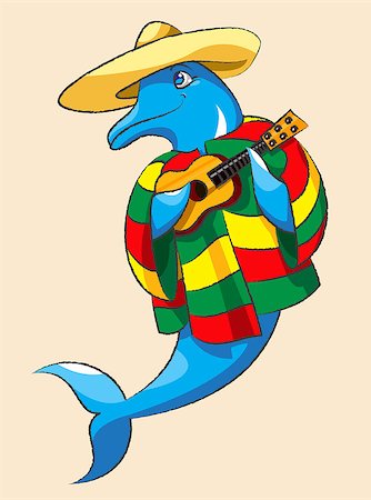 The cheerful dolphin in a sombrero and color Mexican clothes plays a guitar Photographie de stock - Aubaine LD & Abonnement, Code: 400-06851644