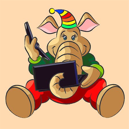 The small, cheerful elephant calf sits with a laptop and phone Photographie de stock - Aubaine LD & Abonnement, Code: 400-06851646