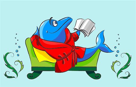 Cheerful, blue, the dolphin in a dressing gown lies on a sofa with the book in a fin Photographie de stock - Aubaine LD & Abonnement, Code: 400-06851647