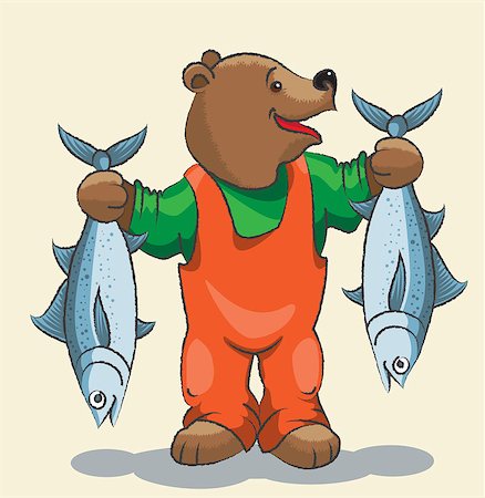 Cartoon a bear - a grizzly in orange overalls with two big fishes in paws Photographie de stock - Aubaine LD & Abonnement, Code: 400-06851641
