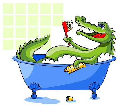 The green, smiling crocodile lies in a bathtub and holds a toothbrush and a tube with a toothpaste. Photographie de stock - Aubaine LD & Abonnement, Code: 400-06851642