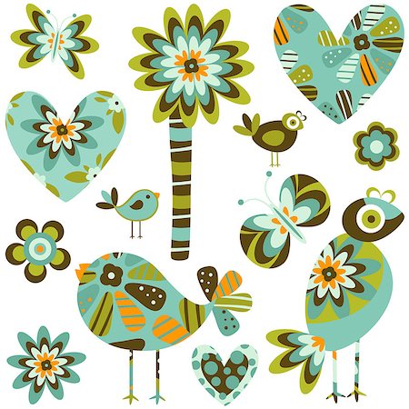 simsearch:400-06852125,k - whimsy elements; birds, flowers & hearts set Foto de stock - Super Valor sin royalties y Suscripción, Código: 400-06852057